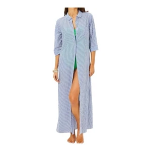 Maxi encubrimiento Lilly Pulitzer Natalie, azul costero LTWT Oxford a rayas talla grande - Imagen 1 de 12