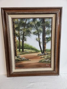 Vintage Ölgemälde eines Waldweges Rahmen 21,5" Höhe x 17 3/4" Breite signiert SiS Mult - Bild 1 von 12