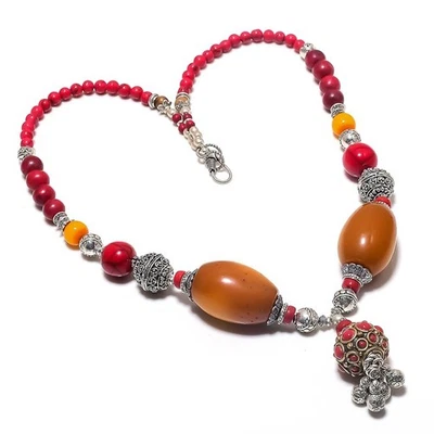 Collana con pietre preziose in onice rossa ambra gialla gioielli boho fatti a... - Immagine 1 di 4