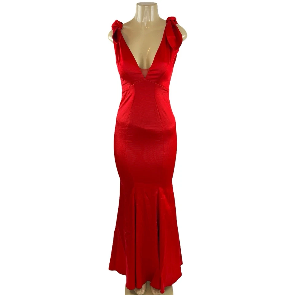 Vestido de Sirena Zac Posen Talla 2 Rojo Corbata al Hombro Formal Ocasión Especial Vestido Foto 1 de 4