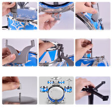(Blue)Kids Drum Set With 3 Drums 2 Sticks Adjustable Pedal Beginner TTH