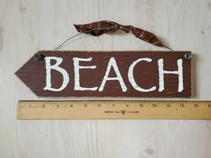 BEACH Handmade Brown Painted Wood Sign Arrow Rustic Distressed 12.5" x 3.25" - Picture 1 of 1