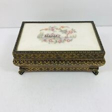 Unusual Jewellery Dressing Table Box Needlework and Ornate Gilt Design Metal