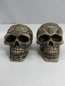 Two Vintage Small Celtic Resin Skulls 3”x3.5” Celtic Design All Over - Picture 1 of 6