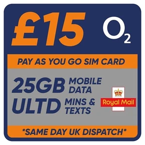 Tarjeta SIM triple O2 PAYG - £15 BIG PAQUETE DE DATOS - 15 GB de datos, min ilimitado y msg - Imagen 1 de 3