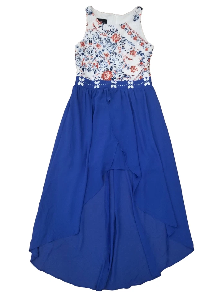 Girls Blue White & Red Floral Lace Zip Up Back High Low Sleeveless Dress - Image 1 of 1