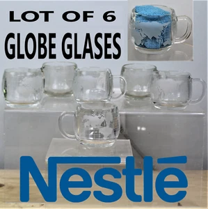 Set of 6 Nestle Nescafe World Globe Etched Glass Clear Coffee Tea Mugs No chips. - Picture 1 of 12