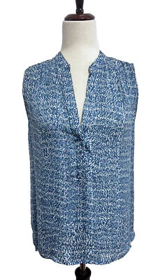 Blusa feminina VINCE sem mangas gola V tamanho XS azul estampada 100% seda - Imagem 1 de 4