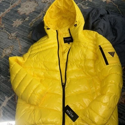 GUESS Full Zip Polyester Puffer Jacket 3 Pockets Men XXL Bright Yellow NWT $225 - Image 1 of 4
