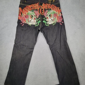 Christian Audigier Skulls & Roses Embroidered Denim Jeans Size 36 36x32 - Picture 1 of 14