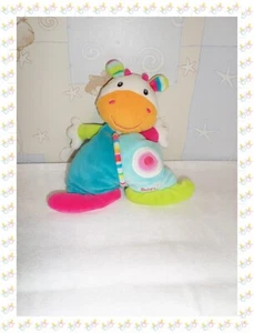 ㉙ - Doudou Peluche Semi Plat Vache Girafe Bleu Fuchsia Orange ... Grelot Babysun - Foto 1 di 1