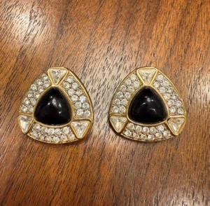Vintage S.A.L. Swarovski Crystal and Black Onyx Gold-tone Clip-On Earrings - Picture 1 of 7