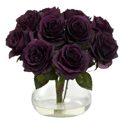 Nearly Natural Full Rose Blooms Arrangement with Glass Vase in Purple/Clear - Image 1 of 4
