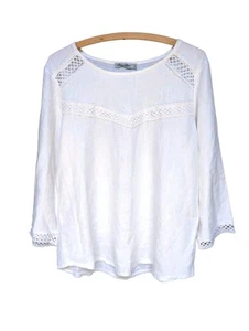 Elena Baldi Leinen weiß Tunika Bluse Häkelspitze 3/4 Arm Damen Größe L - Bild 1 von 7