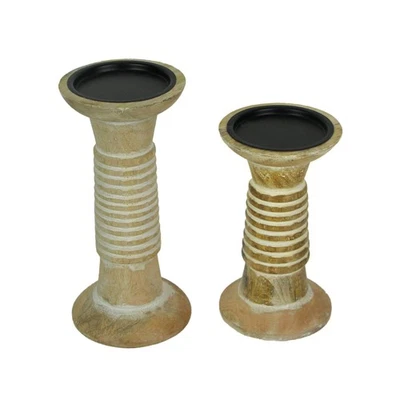 Set of 2 Wood Pedestal Candle Holders Rustic White Washed Pillar Centerpieces - Image 1 of 3