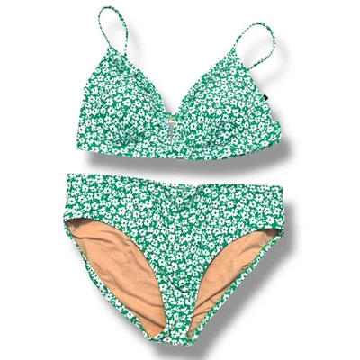 J Crew Green Floral Printed French Bikini Top Ruffles XXL/XL 2 Pc Swimsuit - Image 1 of 4