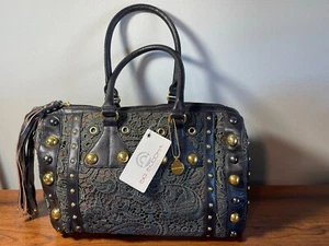 NWT Big Buddha Black Satchel Green Lace Handbag Purse Gold Beads Tassel Vintage - Picture 1 of 20