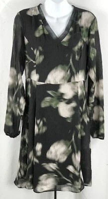 Vera Wang Chiffon Sheath Dress 8 Blk/Green Floral Balloon Sleeve Boho Flowy - Image 1 of 4