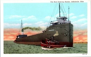 1930s OH Postcard Ore Boat Entering Harbor Ashtabula Ohio Tugboat Unposted - Picture 1 of 2