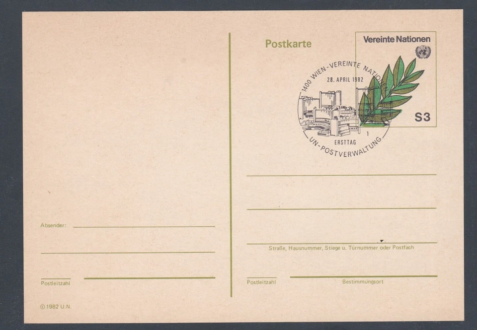 NACIONES UNIDAS AUSTRIA 1982 PRIMER DÍA PORTADA POSTAL ESTACIONARIA TARJETA RAMA DE OLIVO Foto 1 de 1
