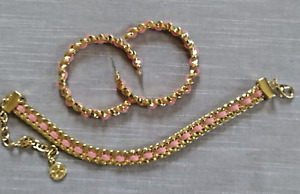 Signed RJ Graziano Gold Tone and Pink Leather Bracelet Unsigned Pierced Earrings