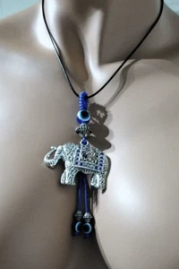 Elephant trumpet up evil eye pendant leather cord necklace Good Luck Prosperity - Picture 1 of 23
