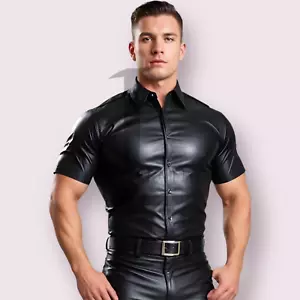 Gay Hot Men's Dark Black Leather Shirt In Soft Genuine Lambskin Leather LGBT - Picture 1 of 4