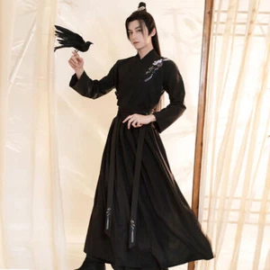 Mens Vintage Hanfu Cosplay Costume Black Chinese Traditional Dress Set Top Skirt - Picture 1 of 7