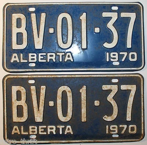 Pair of 1970 Alberta Canada Automobile Car Blue License Plate BV-01-37 - Picture 1 of 7