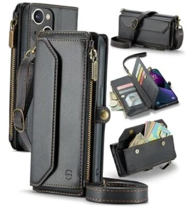 Crossbody Wallet Case【RFID Blocking】 with 7-Card Holder Zipper iPhone 13 Black - Picture 1 of 7