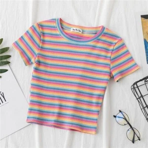 Rainbow Stripe T-Shirt Top Slim Fit Shirt Harajuku Style Women Short Sleeve Wear - Picture 1 of 16