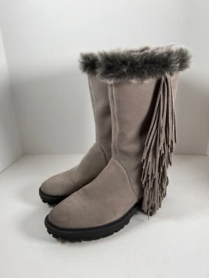 Sam Edelman Womens Size 7 Tilden Plush Faux Fur Fringe Boot Gray Suede Lug Heel - Image 1 of 4