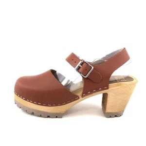 MIA Abba Luggage Brown Leather Summer Wooden Clog Sandals EUR 39 Womens Size 9 - Picture 1 of 15