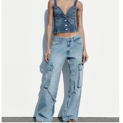Zara Belt Loop Denim Cargo Jeans Blogger favorite - Image 1 of 4