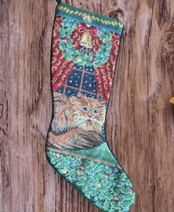 Vtg Needlepoint Christmas Cat Stocking Velvet Back Cozy Kitten Wreath Holiday - Picture 1 of 10