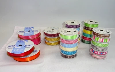 30 ROLLS COLORFUL RIBBON PASTELLS STRIPES POLKA-DOTS 3/8" TO 1" SMALL CRAFT LOT - Image 1 of 4