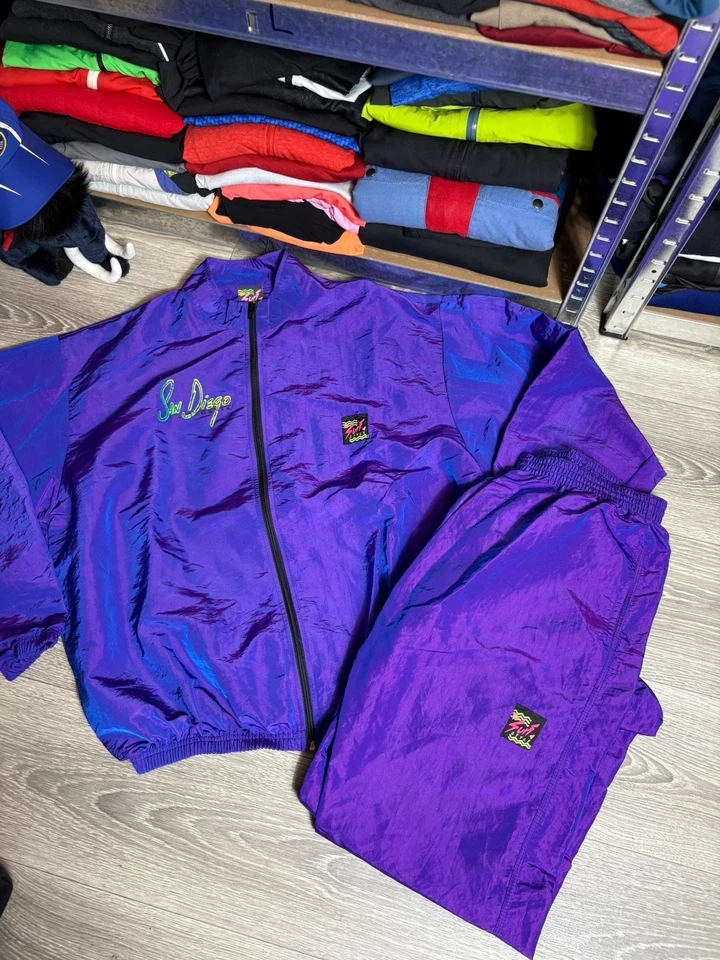 VTG Surf Style San Diego Purple Pullover Windbreaker Tracksuit Jacket Pants Sz L - Image 1 of 4