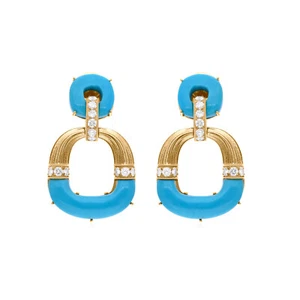 10.18 TCW Arizona Turquoise SI/H Round Diamond Dangle Earrings 18k Yellow Gold - Picture 1 of 11