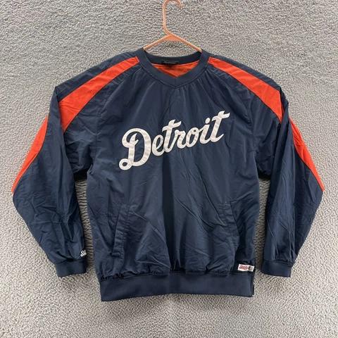 Detroit Tigers Jacket Men Large Blue Spellout Windbreaker Rain Pullover MLB Cover