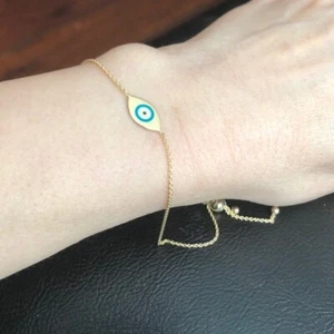 Brazalete de mal de ojo esmaltado turquesa de oro liso 14K longitud ajustable - Imagen 1 de 11