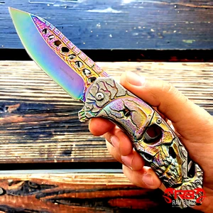 8" Rainbow Tactical Skull Handle Folding Blade Open Spring Assist Pocket Knife - Picture 1 of 4