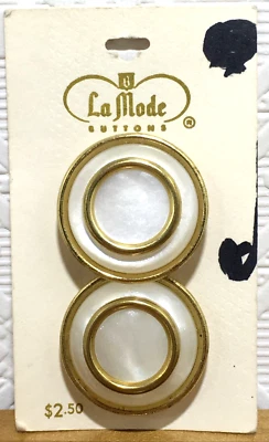 Vintage La Mode Large White Pearlized & Gold Shank Buttons on Card 1-1/8" #18116 - Image 1 of 3