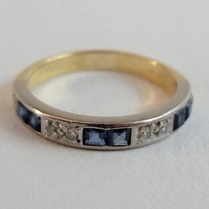 Antique Deco Square Sapphire & Diamond Band Ring 18k White & Yellow Gold Size 10 - Picture 1 of 7