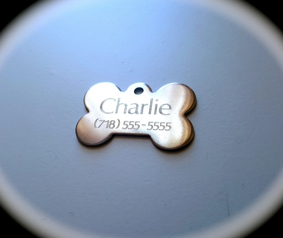 PET TAGS BONE (2.5cm) ID STAINLESS STEEL 2 SIDE DIAMOND ENGRAVE DOG CAT NAME TAG - Image 1 of 1