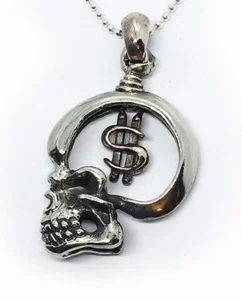 Skull with Money Sterling Silver Pendant - Picture 1 of 4
