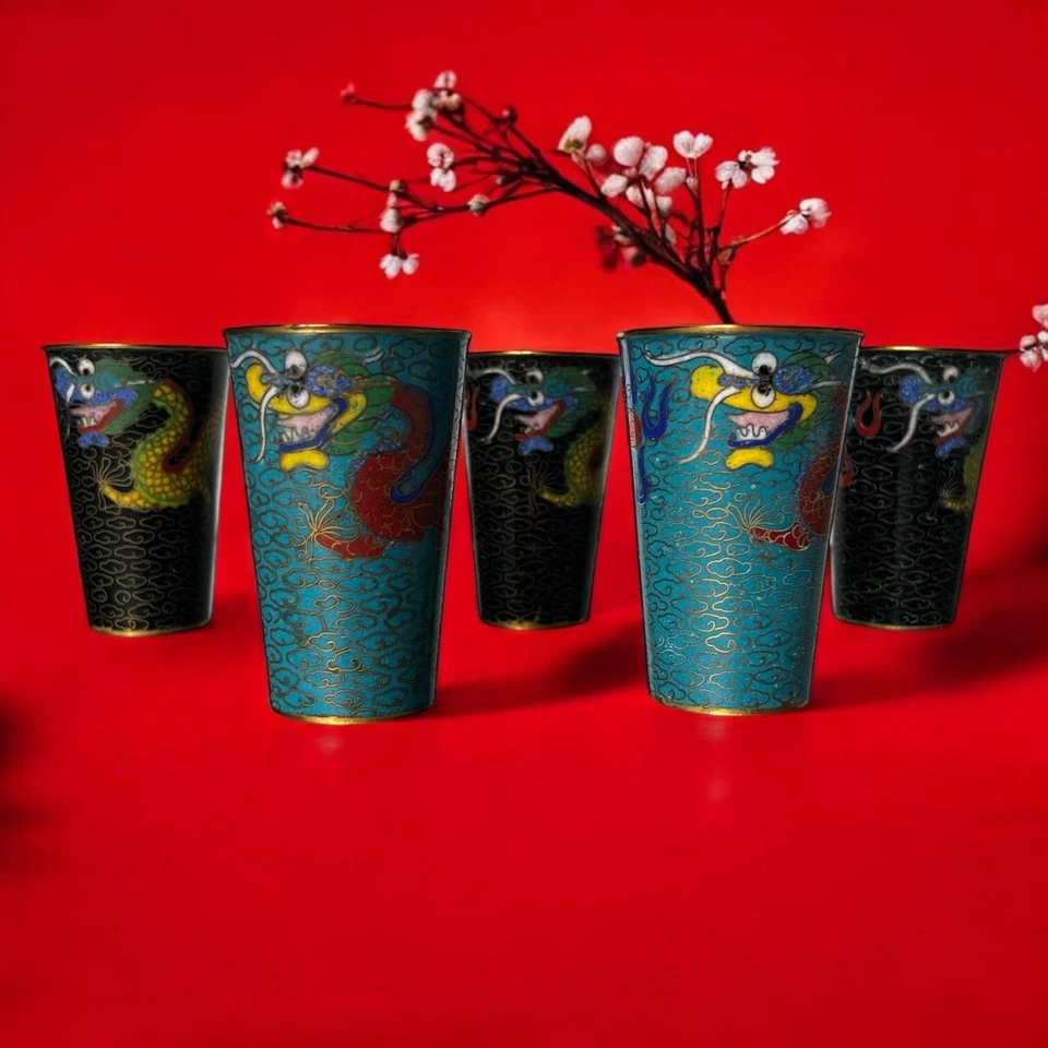 Vintage Chinese Cloisonne Cups Shot Glass Beakers Asian Dragons Lot of Five Qing - Image 1 of 4