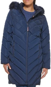 NEW Tommy Hilfiger Women Faux-Fur Trim Hooded Puffer Long Coat Jacket Blue LARGE - Picture 1 of 4