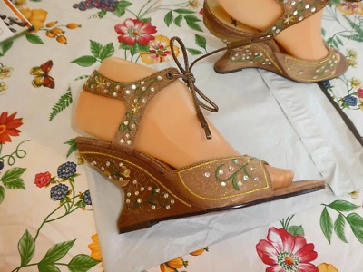 Naughty Monkey~Boho Gold/Bronze Satin Wedge Espadrilles~7~Embellished~N/W/O/B - Image 1 of 4