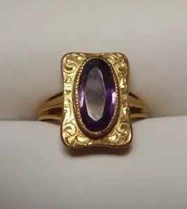 Petite Antique 10K Yellow Gold Rectangular Etched Ring w Amethyst 2.1g Size 3.25 - Picture 1 of 10