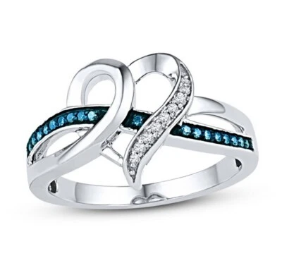 Diamond Heart Ring 1/10 Ct Round Cut Blue & White in 10K White Gold Plated - Image 1 of 4